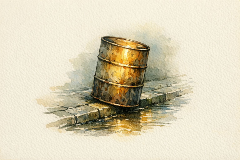 A battered metal oil drum balanced at the edge of a rain-slicked London curb, just catching a shaft of morning light after a week of storms.
