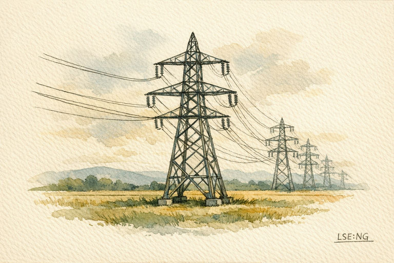 High-voltage electricity pylons carrying transmission lines across open countryside.