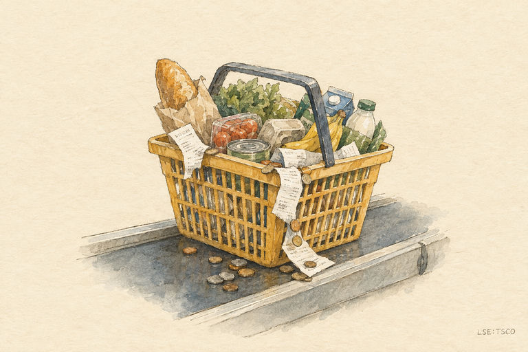 A sturdy shopping basket balanced on a crowded checkout conveyor belt, with coins and receipts spilling over its edges