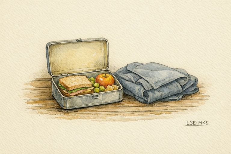 A sturdy lunchbox sitting open on a worn wooden table, filled with a fresh sandwich and fruit, beside a neatly folded but empty coat.