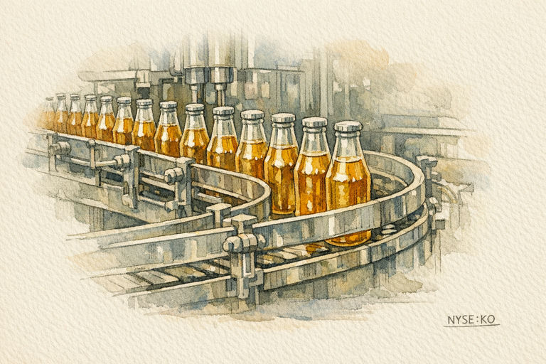 Rows of glass bottles moving along a stainless steel filling line inside a beverage bottling plant.