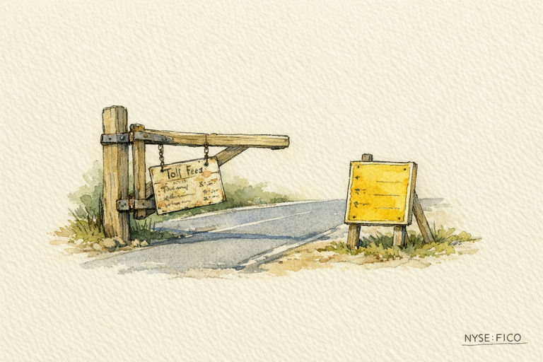 A sturdy wooden tollgate flung open beside a well-paved road, with a faded old price sign hanging askew and a new, brightly painted sign with lower numbers propped up nearby