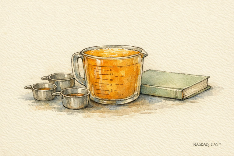 A sturdy measuring cup filled to the brim, surrounded by a few smaller cups with gradually lower levels, all set on a kitchen counter beside an unopened recipe book
