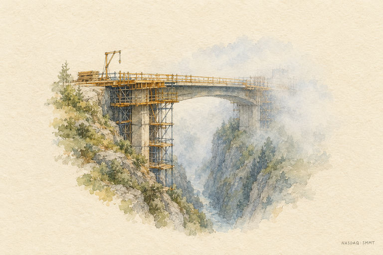 A sturdy bridge under construction across a deep ravine, with scaffolding in place but the far side still shrouded in morning mist
