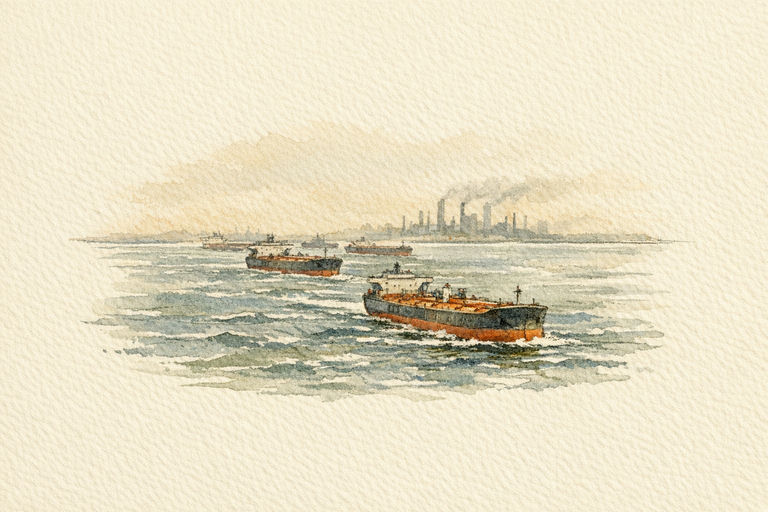 A narrow strait of choppy water with a line of oil tankers slowed to a crawl, distant refinery chimneys hazy on the horizon