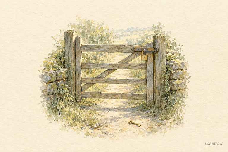A sturdy locked gate barring a sunlit path, with a shiny new key resting on the ground just out of reach