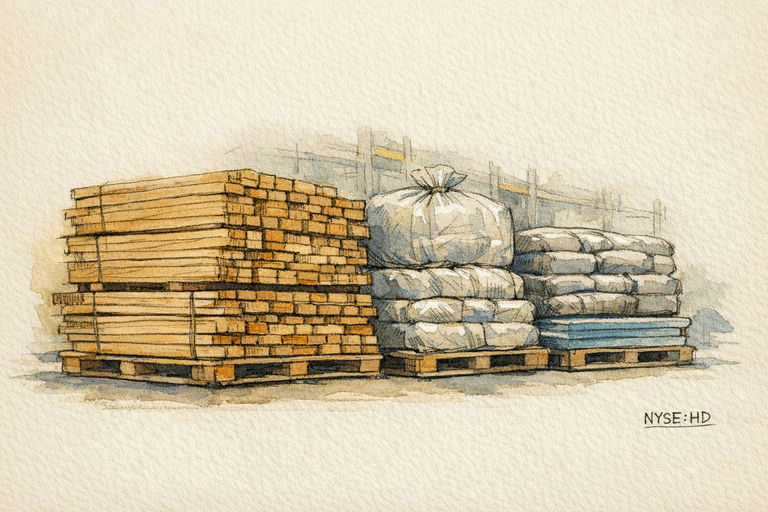 Stacks of cut lumber and bagged building materials resting on pallets in a warehouse aisle.