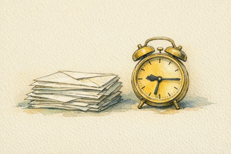 A stack of unopened invoices resting beside a ticking alarm clock on a quiet desk
