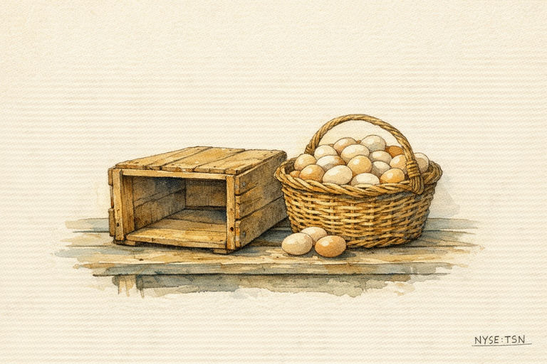 A battered wooden beef crate, empty and open at one end, sits beside an overflowing basket of fresh eggs on a weathered farm table
