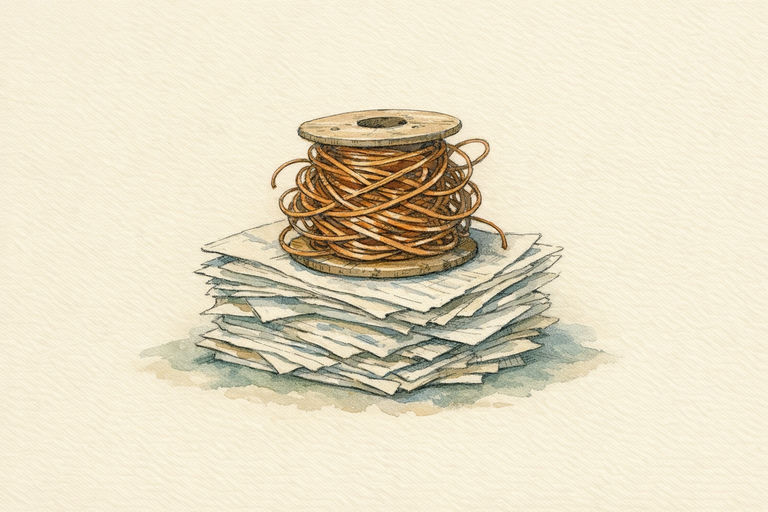 A tangled spool of heavy copper wire resting atop a rising stack of electric utility bills