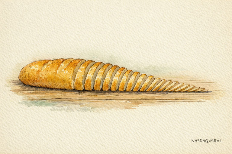 A golden loaf of bread being sliced, with each slice thinner than the last but the loaf itself growing longer on a wooden table
