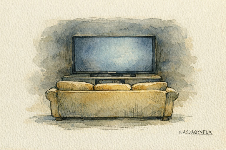 A living room sofa facing a large flat television screen in a darkened room