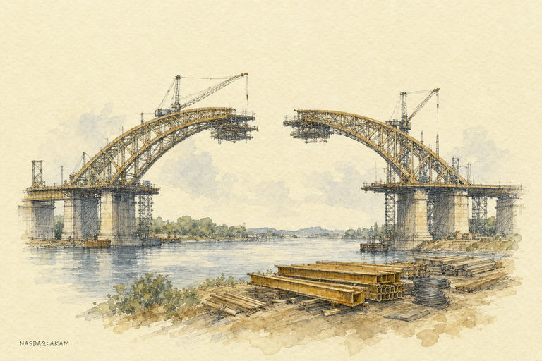 A large, gleaming steel bridge under construction across a wide river, with massive sections already built but the middle span still incomplete and piles of construction materials stacked on the near bank.