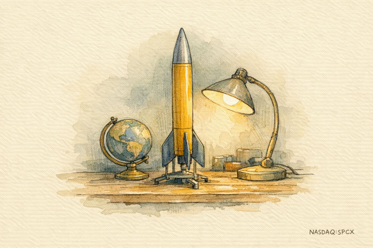 A model rocket standing upright on a wooden workbench beside a small globe, lit by a single desk lamp