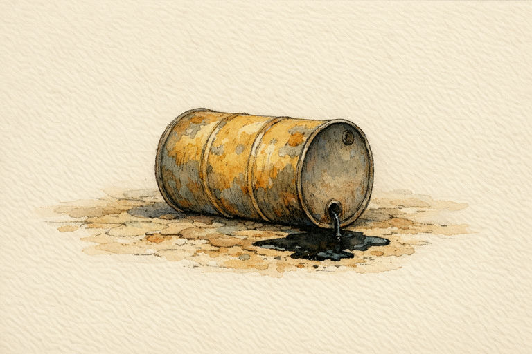 A nearly empty oil drum tipped on its side, with a thin trickle of oil pooling beneath it on sunbaked ground