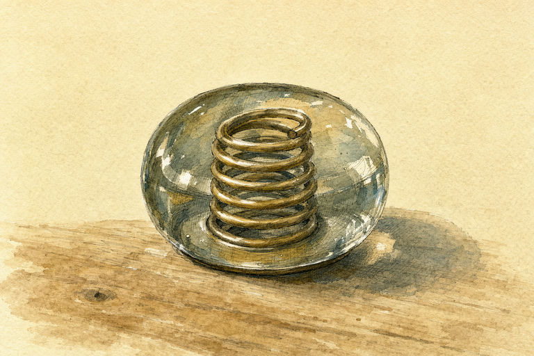 A coiled spring compressed beneath a clear glass paperweight on a wooden desk
