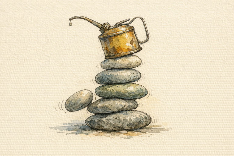 A battered oil can teetering atop a stack of smooth river stones, one stone slipping from the pile
