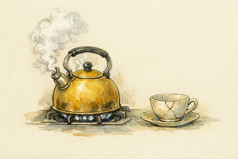 A kettle left whistling and steaming on a stove as a cracked teacup sits nearby